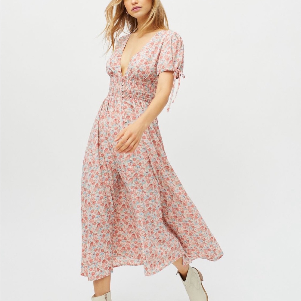 Kiss The Sky Pink Floral V-Neck Long Midi Maxi Short Sleeves Dress XS